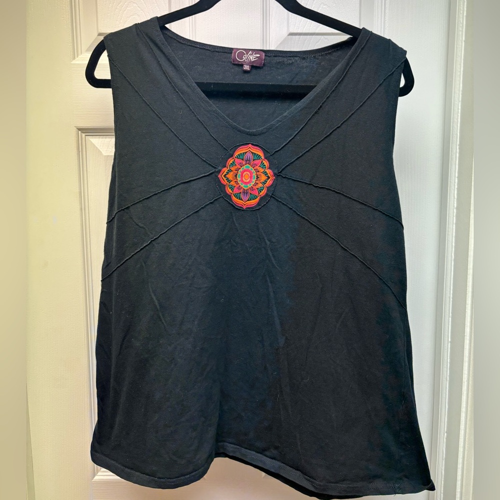 Coline Black Sleeveless Top with Colorful Embroidered Mandala | Size 3XL